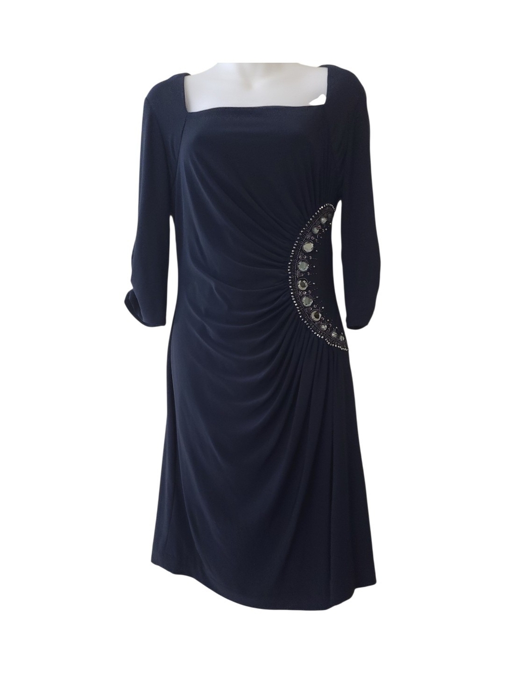 Adrianna Papell Navy Square-Neck Midi Dress with Beaded Side Accent